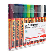 One4All 227HS Acrylic Basic 2 10-Marker Set One4All 227HS Acrylic Basic 2 10-Marker SetMolotow's 227 set includes 10 x ONE4ALL 227HS. Each marker is equipped with the exchangeable 4mm Round-Tip showcasing secondary color ranges. The set is packaged in a clear box with product information on the front and backside.

Color Listing;
1 x 086 burgundy
1 x 027 petrol
1 x 043 violet dark
1 x 206 lagoon blue
1 x 221 grasshopper
1 x 222 KACAO77 green
1 x 092 hazelnut brown
1 x 203 cool grey pastel
1 x 160 signal white
1 x 180 signal black
