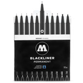 Molotow Blackliner Complete: 200.485 Molotow Blackliner Complete: 200.485The Blackliner Set features 11 art pen series in a range from fine 0.05 mm to Chisel. This allows a wide assortment of precise lines ideal for outlines, sketches, and more.  Blackliners are UV-resistant, durable, and water-resistant when dry. 
