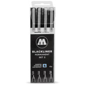 Molotow Blackliner Set 2: 200.487 Molotow Blackliner Set 2: 200.487The Blackliner Set features 4 art pen series in a range from fine 0.05 mm to Chisel. This allows a wide assortment of precise lines ideal for outlines, sketches, and more. 

Blackliner Pens are pigmented black ink that is water and chemical resistant, and also fade-proof. A unique feature is Molotow/s new "cap off" function protects the markers against dehydration.
