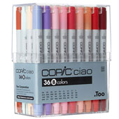 Copic Ciao B 36-Marker Set  Copic Ciao Set B  36-Marker  Markers made by Copic have two durable polyester nibs - a Super Brush on one end and a Medium Broad nib on the other. The markers are low-odor, and can be used on paper, wood, fabric, plastics, leather, and more. Perfect for beginning sketch artists.




