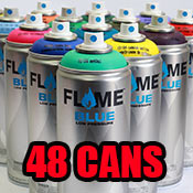 Flame Blue Exclusive 48 Can Pack Flame Blue Exclusive 48 Can PackStock up on our low-pressure favorite Flame Blue with this 48-can assorted color pack. This special value set includes a range of colors PLUS 30 caps and a 50/50 Pressure Reducer Adapter. Perfect for muralists and serious piecers. Requests and substitutions can not be honored for this item as packs are pre-made and ready to ship. 
Included in this pack:
48x 400ml Flame Blue cans
1x 50/50 Pressure Reducer Adapter
30x Thin and Fat caps 