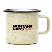 Montana Cans Logo Enameled Mug Montana Cans Logo Enameled MugWith the new Montana Cans Logo Enamel Mug, you have a go-anywhere drinking vessel. The metal 80mm high with a radius of 95mm mug, is coated in a durable beige enamel that is stylishly embellished with decorative spray paint over-spray and the Montana Cans original TYPO LOGO in the black and red colorway.Warning: Not for use in microwave. Handwash only. 