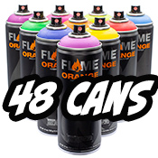 Flame Orange Exclusive 48 Can Pack Flame Orange Exclusive 48 Can PackRe-up your stock of high-pressure paint with this 48-can assorted color pack. This special value set includes a range of colors PLUS 30 caps. Blacks and whites are always included! No requests or substitutions, please- these FO 48 Packs are pre-made and ready to ship! 
Included in this pack:
48x 400ml Flame Orange cans
30x assorted caps