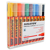 One4All 227HS Acrylic Pastel 10-Marker Set One4All 227HS Acrylic Pastel 10-Marker SetThis ten marker set includes ten pastel shades of Molotow's best-selling 227 acrylic paint markers. One4All 227 Markers are refillable and equipped with a replaceable 4mm bullet nib. Imported from Germany. About One4All Paint:  Molotow's One4All High Solid Paint is a highly pigmented acrylic-hybrid paint with a smooth consistency and high flow texture. One4All's innovative formula can be blended and mixed for an endless array of shades or easily thinned with water for airbrush application. Highly lightfast and durable as well as odorless. Safe for all ages. 

Included in this set:
1 x 115 Vanilla Pastel
1 x 009 Sahara Beige 
1 x 117 Peach Pastel
1 x 207 Skin Pastel
1 x 020 Lago Blue Pastel
1 x 201 Lilac Pastel
1 x 202 Ceramic Blue Light Pastel
1 x 209 Blue Violet Pastel
1 x 160 Signal White
1 x 180 Signal Black
