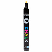 Molotow Chalk 4mm Marker  Molotow Chalk 4mm Round Tip Marker Molotow CHALK pump action markers are loaded with a water-based, erasable chalk ink. They are ideal for temporary applications like signboards, window painting, and more. This size features a replacable 4mm bullet nib, comperable in size to the Molotow One4All 227. Nontoxic. Imported. 
