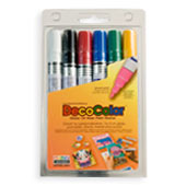 DecoColor 6pc. Primary Color Set DecoColor 6pc. Primary Color Set
Permanently cover nearly any surface with these Broad Point Opaque Markers. Brilliant color is lightfast and weatherproof.
Colors include: White, Black, Red, Blue, Green, and Yellow.AP Tip:
Make sure to add some pizazz to your colors with the Deco Hot Set.