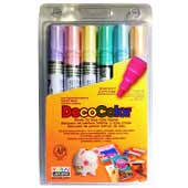 DecoColor 6pc. Pastel Color Set DecoColor 6pc. Pastel Color SetDecocolor Broad Paint Markers are a classic! These permanent, oil-based paint markers have a gloss finish and work on many surfaces including leather, glass, canvas, paper, metal, and more. DecoColor markers offer excellent control of ink flow thanks to their pump-action valve. Contains Xylene.  ContainIncluded in this set: Pale Violet Blush Pink Cream Yellow Peppermint Pale BluePastel Peach