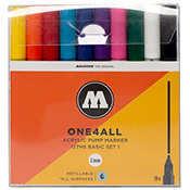 One4All 127HS Acrylic Basic 1 10-Markers Set One4All 127HS Acrylic Basic 1 10-Markers Set
Molotow's Basic 1 Set includes a range of ten top-selling primary shades of the One4All 127 markers. One4All 127s are equipped a 2mm bullet nib. The set is packaged in a clear, reusable plastic box with included product information. One4All markers are refillable and the nibs are replaceable.Included in this set:
1 x 006 Zinc Yellow
1 x 085 DARE Orange
1 x 013 Traffic Red
1 x 161 Shock Blue Middle
1 x 204 True Blue 
1 x 042 Currant
1 x 200 Neon Pink
1 x 096 MISTER GREEN
1 x 160 Signal White
1 x 180 Signal Black