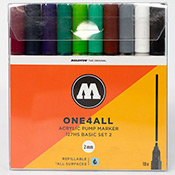 One4All 127HS Acrylic Basic 2 10-Marker Set One4All 127HS Acrylic Basic 2 10-Marker Set Molotow's 127 set includes includes 10 x ONE4ALL 127HS in the secondary color palette. Each marker is equipped with the exchangeable 2mm Round-Tip. The set is packaged in a clear box with product information on the front and backside. Refillable. Imported.

Color Listing;
1 x 086 burgundy
1 x 027 petrol
1 x 043 violet dark
1 x 206 lagoon blue
1 x 221 grasshopper
1 x 222 KACAO77 green
1 x 092 hazelnut brown
1 x 203 cool grey pastel
1 x 160 signal white
1 x 180 signal black