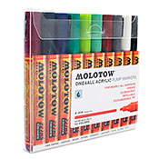 One4All 227HS Acrylic Basic 2 10-Marker Set One4All 227HS Acrylic Basic 2 10-Marker SetMolotow's 227 set includes 10 x ONE4ALL 227HS. Each marker is equipped with the exchangeable 4mm Round-Tip showcasing secondary color ranges. The set is packaged in a clear box with product information on the front and backside.  Color Listing; 1 x 086 burgundy 1 x 027 petrol 1 x 043 violet dark 1 x 206 lagoon blue 1 x 221 grasshopper 1 x 222 KACAO77 green 1 x 092 hazelnut brown 1 x 203 cool grey pastel 1 x 160 signal white 1 x 180 signal black 