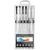 Molotow Aqua Squeeze Empty Marker Set Molotow Aqua Squeeze Empty Marker Set These versatile, soft-body empty brush pens are essential for artists of all levels. Fill the squeezable body with water and pair with watercolor sets, or load them up with high-flow acrylics. Blend your own paints and inks, then apply them on the go using this diverse set of empty markers! Molotow's precise valve system and the wide range of included head sizes make precise product application easy, plus the durable synthetic brush heads stand up to cleaning and using again and again. Sold empty.     Kit includes:  1 x 1mm brush tip  1 x 2mm brush tip  1 x 3mm brush tip  1 x 4mm Chisel tip  1 x 7mm brush tip  1 x 10mm brush tip