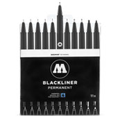 Molotow Blackliner Complete: 200.485 Molotow Blackliner Complete: 200.485The Blackliner Set features 11 art pen series in a range from fine 0.05 mm to Chisel. This allows a wide assortment of precise lines ideal for outlines, sketches, and more.  Blackliners are UV-resistant, durable, and water-resistant when dry.   