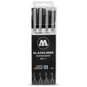 Molotow Blackliner Set 1: 200.486 Molotow Blackliner Set 1: 200.486  The Blackliner Set features 4 art pen series in a range from fine 0.05 mm to Chisel. This allows a wide assortment of precise lines ideal for outlines, sketches, and more.     Blackliner Pens are pigmented black ink that is water and chemical resistant, and also fade-proof. A unique feature is Molotow/s new "cap off" function protects the markers against dehydration.  