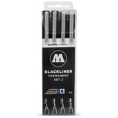 Molotow Blackliner Set 2: 200.487 Molotow Blackliner Set 2: 200.487The Blackliner Set features 4 art pen series in a range from fine 0.05 mm to Chisel. This allows a wide assortment of precise lines ideal for outlines, sketches, and more.     Blackliner Pens are pigmented black ink that is water and chemical resistant, and also fade-proof. A unique feature is Molotow/s new "cap off" function protects the markers against dehydration.  