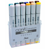 Copic Sketch 12-Marker Set 2 Copic Sketch 12-Marker Set: EX-2The most popular marker in the Copic line The Copic Sketch Marker now in an assorted 12-Marker Set. Photocopy safe and guaranteed color consistency. The Super Brush nib acts like a paintbrush both in feel and color application. For more control use the Medium Broad nib on the opposite end or customize the marker with an optional nib. Compatible with the Copic Airbrush System. Markers are refillable and available in all colors listed. 


