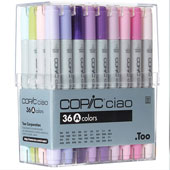 Copic Ciao A 36-Marker Set  Copic Ciao Set A 36-Marker Set: I36ACiao Markers made by Copic have two durable polyester nibs - a Super Brush on one end and a Medium Broad nib on the other. The markers are low-odor, and can be used on paper, wood, fabric, plastics, leather, and more. Perfect for beginning sketch artists.


