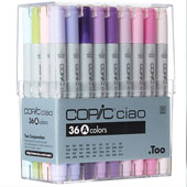 Copic Ciao A 36-Marker Set  Copic Ciao Set A 36-Marker Set: I36ACiao Markers made by Copic have two durable polyester nibs - a Super Brush on one end and a Medium Broad nib on the other. The markers are low-odor, and can be used on paper, wood, fabric, plastics, leather, and more. Perfect for beginning sketch artists.      