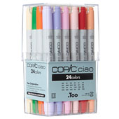 Copic Ciao Basic 24-Marker Set Copic Ciao Basic 24-Marker Set: IB24Ciao Markers made by Copic have two durable polyester nibs - a Super Brush on one end and a Medium Broad nib on the other. The markers are low-odor, and can be used on paper, wood, fabric, plastics, leather, and more. Perfect for beginning sketch artists.        