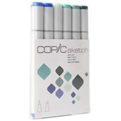 Copic Sketch 6 Marker Set - Sea and Sky Copic Sketch 6 Marker Set - Sea and Sky Capture the iridescent beauty of clouds glinting off waves with this six-marker set. Known as the best in the industry, Copic Sketch Markers are dual-sided, with one brush tip and one chisel tip. These ingenious markers are wonderful for blackbooking, illustrations, comic drawing, hand-lettering, scrapbooking, and more.   Markers come in a clear, soft plastic pack. Imported from Japan.   Sea & Sky includes the following colors:  B24 Sky  B28 Royal Blue  BG10 Cool Shadow  BG13 Mint Green  BG72 Ice Ocean  BG78 Bronze    