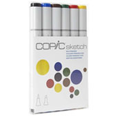 Copic Sketch 6 Marker Set - Bold Primaries Copic Sketch 6 Marker Set - Bold Primaries Build your collection with the BEST Basics featured in this six marker set. Wonderful as a gift for new artists, or as a sampling of classic Copic colors.Known as the best in the industry, Copic Sketch Markers are dual-sided, with one brush tip and one chisel tip. These ingenious markers are wonderful for blackbooking, illustrations, comic drawing, hand-lettering, scrapbooking, and more. 
Markers come in a clear, soft plastic pack. Imported from Japan. 
 Bold Primaries Set includes the following colors:
100 Black
B29 Ultramarine
E29 Burnt Umber
G28 Ocean Green
R27 Cadmium Red
Y15 Cadmium Yellow



