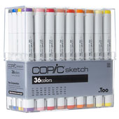 Copic Sketch 36-Marker Basic Set  Copic Sketch 36-Marker Basic Set: SB36We are proud to bring you the Copic Sketch alcohol-based art marker series. These are perfect for blackbooks, illustrations, and use with multi-media paper applications and compatible with Molotow One4All acrylic water-based series.

Sketch markers come in the widest range of colors, and feature the Medium Broad and Super Brush nib combination. The responsive and flexible Super Brush nib delivers a wide range of marks and makes blending easy. The Sketch marker has revolutionized fine art markers. The Super Brush nib feels like a saturated, long lasting, flexible brush that never frays. It gives artists the ability to spread ink smoothly in a manner similar to watercolor. The other end has a Medium Broad nib with a firm chisel tip, perfect for airbrushing and coloring large areas. Sketch markers are commonly used for comics, storyboard illustration, fashion design, interior design, manga, anime, landscape architecture, rubber-stamping, mixed media arts, tattoo arts, calligraphy and more! 
