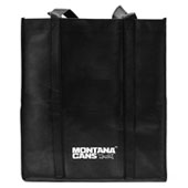 Montana Cans Panel Tote Bag Montana Cans Panel Tote BagThe Montana Panel Bag is the ideal size for transporting between 10 to 14 x 400ml cans, or if your going big, 8 to 10 x 600ml cans. The bag is made of strong PP material that is woven for extra durability. Created with a 14cm wide bottom plait and a handle that is sewn all they way to the bottom, the Montana PP Panel bag is stable enough to endure almost any adventure. And for daily life, the 36cm wide and 34cm high capacity means a practical bag for all transport needs.     This timeless bag is presented in a classic black finish, with the Montana Typo Logo stylishly placed for those in the know.