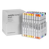 Stylefile Brush 48-Marker Main A Set Stylefile Brush 48-Marker Main A Set: SFSBR48MAThis 48 piece Main Set A contains a wide range of brilliant shades of iconic Stylefile Brush Markers as well as a black markers and a colorless blender for creating crisp lines and smooth gradients. Stylefile markers are known for their pigment rich ink, ideal for professional grade drawings and illustrations. The perfect start to magnificent marker collection!Stylefile markers are extremely versatile with both a firm wedge and a flexible brush tip for smooth application and crisp definition. Pair them with the Stylefile Black Book for the ultimate drawing session! Refillable. Xylene free.  Set includes: 900, NG0 – NG9, 114, 118, 156, 164, 170, 202, 212, 216, 300, 306, 316, 352, 358, 362,372, 416, 428, 456, 460, 466, 514, 518, 550, 552, 556, 558, 562, 606, 610, 640, 644, 652, 666, 670, 804, 810, 816.          