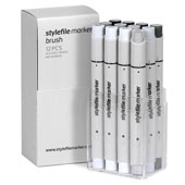 Stylefile Brush 12-Marker Neutral Grey Set Stylefile Brush 12-Marker Neutral Grey Set: SFSBR12NGThis twelve piece Neutral Grey Set contains a range of ten neutral toned grey shades, a black marker, and a colorless blender for creating flawless greyscale drawings and illustrations in natural, subtle tones. Stylefile markers are extremely versatile with both a firm wedge and a flexible brush tip for smooth application and crisp definition. Pair them with the Stylefile Black Book for the ultimate drawing session! Refillable. Xylene free.           