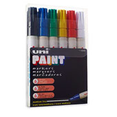 Uni Paint Fine PX-20 6-Marker Set Uni Paint Fine PX-20 6-Marker SetThis six-pack of PX-20 markers is a great starter kit for stickers, black booking, and more. PX-20s have 4mm bullet nibs and pump action valve systems for exceptional control. The paint in Uni Markers is oil-based (Xylene) and extremely permanent. This formula is for adult, professional use only in well-ventilated areas. Included in this set:
1x PX-20 Black
1x PX-20 White
1x PX-20 Red
1x PX-20 Yellow
1x PX-20 Green
1x PX-20 Blue

