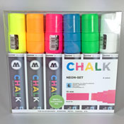 Molotow Chalk 15mm 6-Marker Set - Basic 2 Neon Molotow Chalk 15mm 6-Marker Set - Basic 2 NeonMolotow CHALK pump action markers are loaded with a water-based, erasable chalk ink. They are ideal for temporary applications like signboards, window painting, and more. Nontoxic. Imported. 

Included in this set:
1 x 005 White
1 x 006 Neon Yellow 
1 x 007 Neon Orange 
1 x 008 Neon Pink 
1 x 009 Neon Blue 
1 x 010 Neon Green 