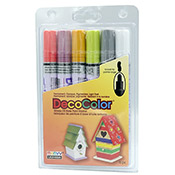 DecoColor 6pc. Retro Color Set DecoColor 6pc. Retro Color SetDecocolor Broad Paint Markers are a classic! These permanent, oil-based paint markers have a gloss finish and work on many surfaces including glass, canvas, paper, metal, and more. DecoColor markers offer excellent control of ink flow thanks to their pump-action valve. Contains Xylene.Included in this set: Coral Pink Pale MauveLime Green MustardGreyWhite