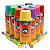 Molotow Restock 17 Piece Sampler Pack Molotow Restock 17 Piece Sampler PackOur highly anticipated Molotow Belton restock is here! Celebrate with this mixed paint and marker pack straight off the boat from Germany. We've hand-selected 12 cans to ensure a selection of brights, neutrals, and outline colors. This pack also includes 4x Molotow dual-ended Twin Markers filled with One4All High Solid Acrylic Paint. Sorry, we are not able to accommodate color requests or substitutions. $17 savings.
 In this pack:
12x 400ml cans
4x One4All Dual Tip Twin
1x Cap pack (5 assorted)