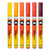 One4All 127HS Marker Set - HOT 6pc The Hot 6er set includes six One4All Acrylic Markers in a range of fire shades. Molotow 127 Markers are equipped with a 2mm bullet nib. Marker is refillable with replaceable nibs.Included in this set:  1 x Signal Yellow  1 x SLIDER light orange  1 x Dare Orange  1 x Vermillion  1 x Mad C Cherry Red  1 x Burgundy