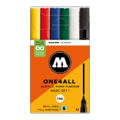 One4All 127HS Basic 1 6-Marker Set One4All 127HS Basic 1 6-Marker SetThe Basic 1 set includes six One4All Acrylic Markers equipped with 2mm round, bullet style nibs in a range of basic and primary shades. Molotow Markers are refillable with replaceable nibs.Included in this set:  1 x 006 Zinc Yellow  1 x 096 MISTER Green   1 x 013 Traffic Red  1 x 204 True Blue   1 x 160 Signal White  1 x 180 Signal Black    About Molotow   High Solid Formula: This unique ink is a highly pigmented, ready to use acrylic water-based paint. One4All may be diluted with water for translucent effects or with acetone for permanence on leather surfaces. One4All is high-covering and quick-drying with superior UV- and weather-resistantance making it suitable for indoor and outdoor applications. One4All shades can be mixed to create custom colors and are suitable for application by brush, airbrush, other  and more.         