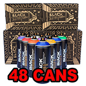 Montana Black 48 Can Pack Step your game up with ouR Montana Black 48 Can Pack. This special deal showcases the best of Montana Black, featuring a mix of top-selling colors, plus 9001 Black and White. Montana Black is high-pressure, fast-drying, and incredibly UV-resistant. No requests or substitutions, please. In this pack:  48x Montana Black 400ml cans  30x Spray Paint Caps (assorted)  Looking for specific colors? Shop our full lineup of Montana Black .