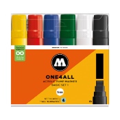 One4All 627HS Basic 1 6-Marker Set One4All 627HS Basic 1 6-Marker SetThis set includes six 627 One4All Acrylic Markers in bold, classic colors. The 627 is Molotow's largest One4All, featuring a replacable 15mm chisel nib and pump-action valve system. This jumbo marker is ideal for sign making, posters, mixed media art, and high-impact lettering. Refillable with any high-flow paint, we recommend Molotow's One4All Acrylic Refill Paints. Shades in this set:  1 x 006 Zinc Yellow   1 x 096 MISTER Green  1 x 013 Traffic Red  1 x 204 True Blue  1 x 160 Signal White  1 x 180 Signal Black