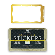 Egg Shell Gold Foil Wavy Sticker Pack Egg Shell Gold Foil Wavy Sticker PackThis fancy blank from Eggshell Sticker Company in Hong Kong features a foiled gold border with a white fill.   Eggshell Brand blank stickers are packaged in egg-carton inspired cardboard boxes and feature EZ-peel edges. Stickers measure approximately 10 x 6cm (3.93 x 2.36in). 50pcs.    