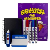 Graffiti 101 Blackbook Pack This blackbook kit is perfect for new writers, aspiring writers, or anyone ready to brush up on their graffiti lettering. We've combined a mix of markers, blank slaps, and a handy Graffiti for Beginners book plus a small size spiral-bound blackbook so you can practice on the go. $34 value. Included in this pack:  1x Graffiti for Beginners Lettering Workbook  1x AP 4x6" Spiral Bound Blackbook  1x Press N Go Standard Filled  5x Art Primo Bullet Paint Markers (assorted)  10x blank stickers (assorted)