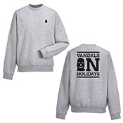 VOH Logo Sweatshirt - Grey VOH Logo Sweatshirt - Grey This comfortable heather grey crewneck features a small character chest print and a bold Vandals On Holiday back logo. We love all the details: embroidered tags, soft-brushed lining, and slim-cut shoulders and sleeves. 80% cotton, 20% polyester. True to size- if between si
