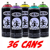 ACME Ultimate 36 Can Sampler ACME Ultimate 36 Can SamplerThe Ultimate ACME Sampler includes one can per color of ACME so you can find your favorite shade! We've also included thirty caps and a keychain scribe as the cherry on top. $234 value.Included in this pack:36x ACME 400ml Cans*10x Bengal Fat10x OG NYF10x ACME Skinny1x ACME Scribe*ACME Chrome not includedAbout ACME: ACME Paint is  UV-resistant, fast-drying, and highly opaque with a semi-gloss finish.  ACME cans are equipped with a variable pressure, European-style female valve system and a . 