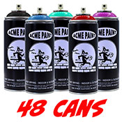 ACME 48 Can Pack ACME 48 Can PackOur most requested paint pack is back! Score 48 cans of ACME paint in a mix of shades hand-selected by our warehouse team. Each pack contains brights, darks, and lights. This value set is a great way to try ACME or to replenish your paint hoard. No requests or substitutions, please. In this pack:  48x ACME 400ml cans  3x 10pc Cap Packs (assorted)    About ACME: ACME Paint is  UV-resistant, fast-drying, and highly opaque with a semi-gloss finish.  ACME cans are equipped with a variable pressure, European-style female valve system and a . 