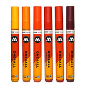 One4All 227HS Marker Set - HOT 6pc The Hot 6er set includes six One4All Acrylic Markers in a range of fire shades. Molotow 227 Markers are equipped with a 4mm bullet nib. Marker is refillable with replaceable nibs.Included in this set:  1 x Signal Yellow  1 x SLIDER Light Orange  1 x Dare Orange  1 x Vermillion  1 x Mad C Cherry Red  1 x Burgundy