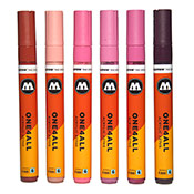 One4All 227HS Marker Set - PINK 6pc The Pink 6er Set includes six 227 One4All Acrylic Markers equipped with 4mm round, bullet-style nibs in a range of rose and magenta shades. Molotow Markers are refillable with replaceable nibs.Included in this set:  1 x Coral  1 x Raspberry Red  1 x Neon Pink   1 x Fuchsia Pink  1 x Magenta  1 x Purple Violet