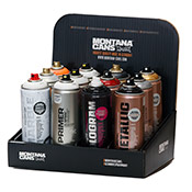 Montana Pro Effect 12 Can Pack Explore the wide range of finishes and special effects Montana offers with this comprehensive pack. Perfect for mixed media artists, special projects, and stores looking to try something new, the Pro Effect Pack is sure to expand your creative horizons. $135 value.    Included in this set:1x Universal Primer  1x Acetone Cap Cleaner  1x Montana Gold S9000 Shock Black  1x T1005 Varnish Semi-Gloss  1x T1010 Varnish Matte  1x Marble Effect Spray in White  1x UV-Reactive Flash Color in F2000 Power Orange  1x Hologram Glitter Spray  4x Effect Metallic Cans *assorted  1x Countertop Display Rack  