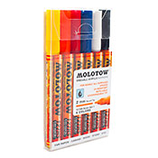 One4All 127HS Acrylic Basic 1 6-Marker Set One4All 127HS Acrylic Basic 1 6-Marker SetMolotow's 127 set includes 6 x ONE4ALL 127HS. Each marker is equipped with a 2mm round, bullet style nib. Refillable, replaceable nibs. Imported. Included in this set: 1 x 006 Zinc Yellow 1 x 085 DARE Orange 1 x 013 Traffic Red 1 x 204 True Blue  1 x 160 Signal White 1 x 180 Signal Black   