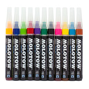 Molotow GRAFX Aqua Ink Softliner Molotow GRAFX Aqua Ink Softliner  Introducing the world's first prefilled watercolor brush marker. The Grafx Aqua Ink formula is ideal for eco-conscious consumers looking for a high quality natural dye marker without the harsh chemical smell of alcohol or xylene based markers. They were developed and tested for design, watercolor and graffiti applications for smooth blending and color mixing. The Grafx Aqua Softliner has a replaceable action valved nib. You can also use the cap to activate the valve system for more ink. The brush tip ensures a genuine paint brush feeling with the option to change out the nib for a chisel tipped softliner nib. Comes with mixing balls to mix pigment and solvent.    Also available in .      MAIN FEATURES  Water-based  Excellent UV Resistance  Odorless  Refillable with   Safe for the environment   Food-based colorants approved for any age (EN 71-3, ASTM D-4236)  24 color shades    Empty marker body available in Calligrafx Softliners  Exchangeable soft-edged 1mm Brush Nib   Exchangeable chisel-tipped 2-6mm Broad Nib  Available in various                     