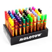 Molotow 127HS Acrylic Complete Display Set Molotow 127HS Acrylic Complete Display SetNewly refreshed, retooled and updated, this best-selling Molotow Marker Set includes an assortment of 68 127HS One4All Markers plus two 127HS EF Extra Fines for detail work and outlining. Markers are shipped with a foam stand to aid in organization keep your markers organized and available for easy access.  PLEASE NOTE: As per Molotow, the assortment of markers in this set is subject to change based on availability. We have included the below assortment to give an approximation of the set you will receive, but we cannot guarantee the exact assortment.
Example assortment of this set:
1 x Zinc Yellow 006
1 x DARE Orange 085
2 x Traffic Red 013
 1 x Burgundy 086
2 x Shock Blue Middle 161
2 x True Blue 204
1 x Petrol 027
2 x Currant 042
1 x Violet Dark 043
1 x Neon Pink 200
2 x Lagoon Blue 206
2 x Grashopper 221
2 x KACAO77 UNIVERSES Green 222
2 x MISTER GREEN 096
1 x Future Green 145
1 x Amazonas Light 205
1 x Hazelnut 092
1 x Lobster 010
1 x Ocher Brown Light 208
2 x Signal White 160
2 x Signal Black 180
2 x Vanilla pastel 115
1 x Sahara Beige Pastel 009
2 x Peach Pastel 117
2 x Powder Pastel formerly Skin Pastel 207
1 x Lago Blue Pastel 020
1 x Lilac pastel 201
1 x Ceramic Light Pastel 202
1 x Blue Violet Pastel 209
2 x Cool Grey 203
1 x Nature White 229
2 x Shock blue 230
2 x Fuchsia Pink 231
2 x Magenta 232
1 x Purple Violet 233
1 x Calypso Middle 234
1 x Turquoise 235
2 x Poison Green 236
2 x Grey Blue Light 237
2 x Grey Blue Dark 238
2 x Neon Green Fluorescent 219
2 x Neon Yellow Fluorescent 220
2 x Neon Orange Fluorescent 218
2 x Neon Pink Fluorescent 217
1 x 127HS-EF Signal White 160
1 x 127HS-EF Signal Black 180
Marker Display Tray

About these markers: 
ONE4ALL Markers have been meticulously designed to meet the high standards of professional artists worldwide. Available in a wide variety of nib and barrel sizes, One4All Markers contain a unique, super-opaque acrylic paint dispersed through a patented valve system to ensures an even, smooth flow through the nibs. All One4All Markers feature replaceable nibs and refillable bodies. For the 127, a range of nibs is offered from the stock 2mm nib, to the 1.5mm Cross Over CO Nib, down to a super-fine 1mm nib. One4All Paint performs beautifully on various surfaces, including: blackbooks, glass, wood, stone, canvas, paper, and more. Imported from Germany. 


